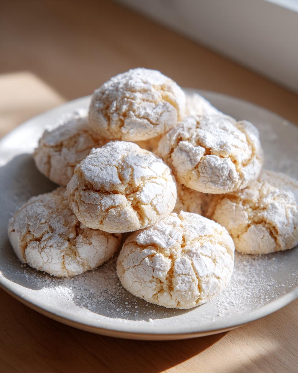 A stack of soft, crinkle-topped cool whip cookies heavily dusted with powdered sugar on a light gray plate.