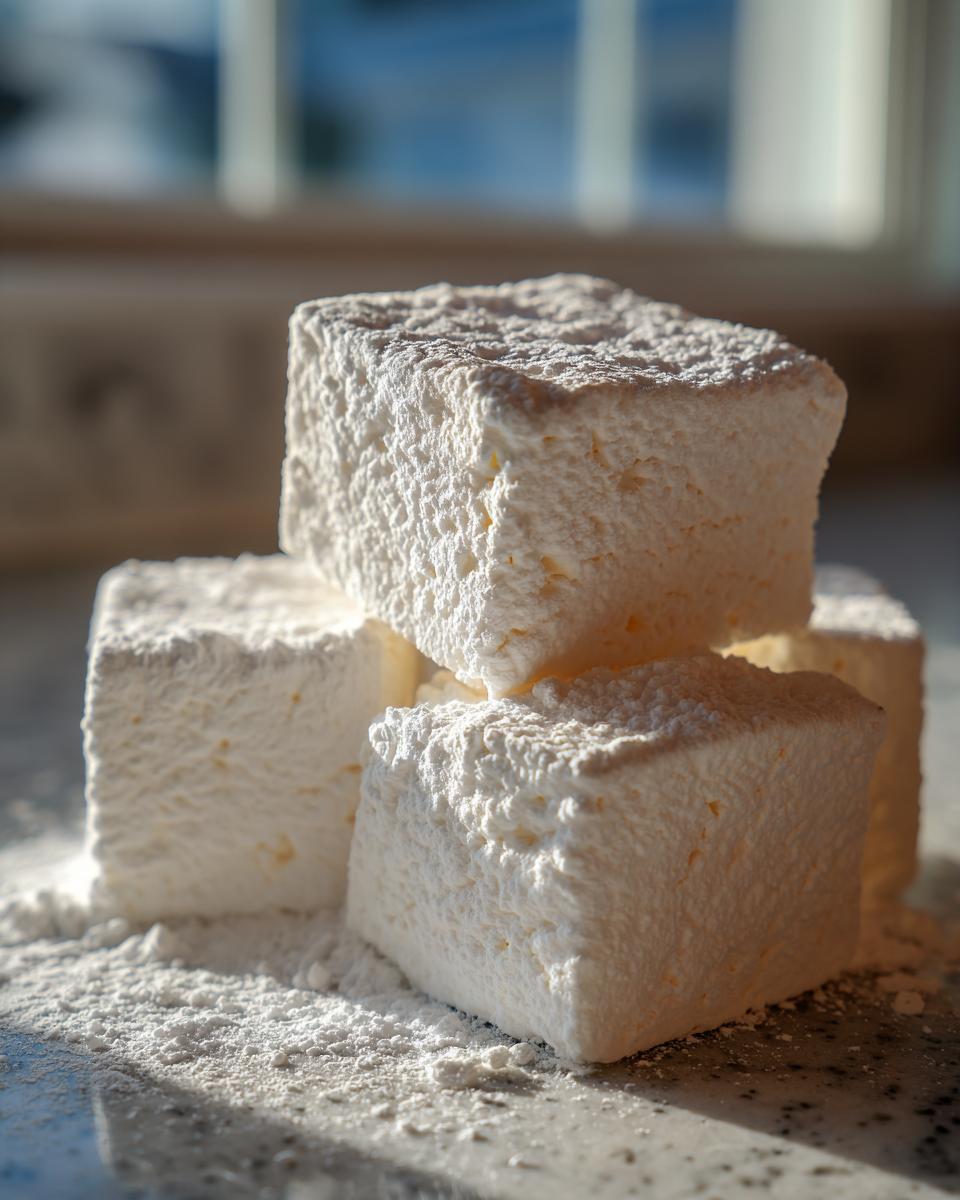 A stack of four large, square homemade marshmallows dusted heavily with powdered sugar, sitting on a counter.