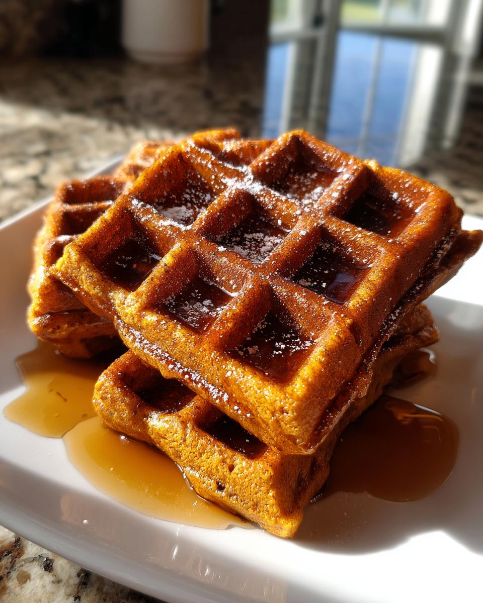 A stack of golden brown pumpkin waffles drizzled with syrup and dusted with powdered sugar.