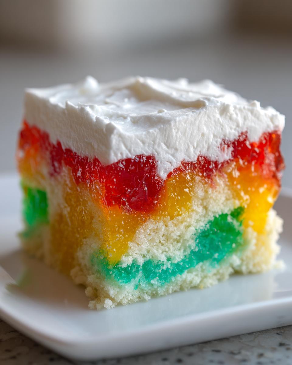 Close-up of a moist slice of rainbow jello poke cake showing colorful gelatin layers and white frosting.