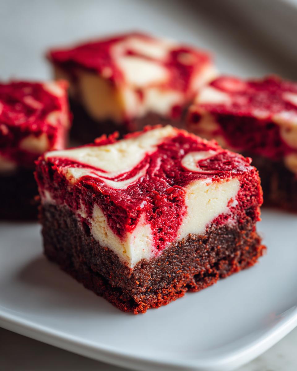 A close-up, tempting shot of a single red velvet cheesecake brownie square showing the dark brownie base and marbled red and cream topping.