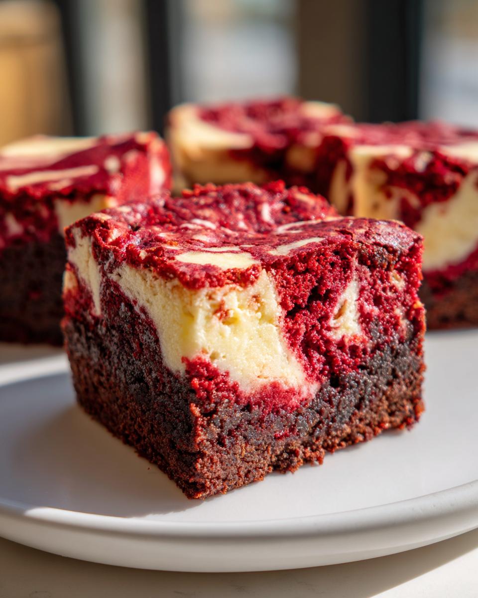 A rich, square slice of red velvet cheesecake brownies with a dark brownie base and a bright red and cream cheese swirl topping.