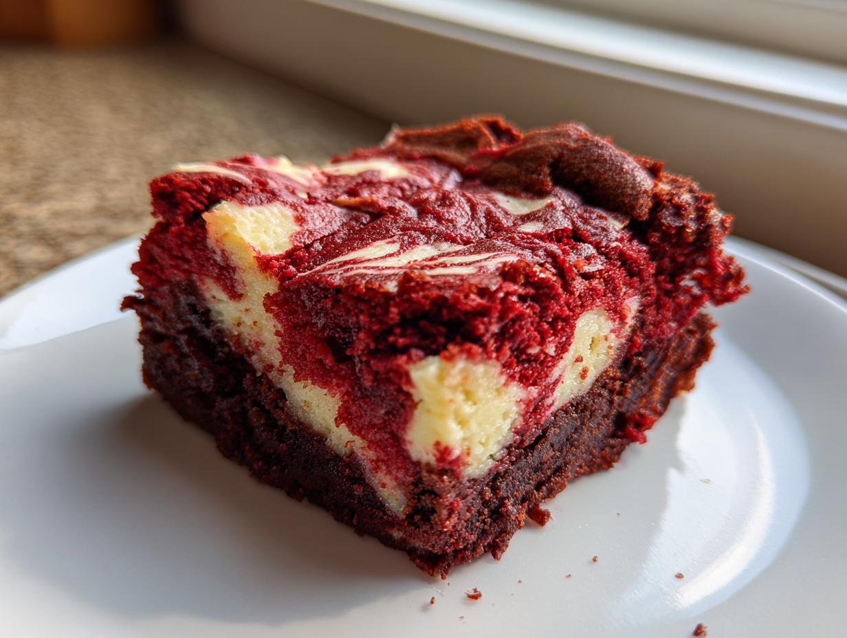 A single square slice of red velvet cheesecake brownies showing rich red cake swirled with cream cheese filling.