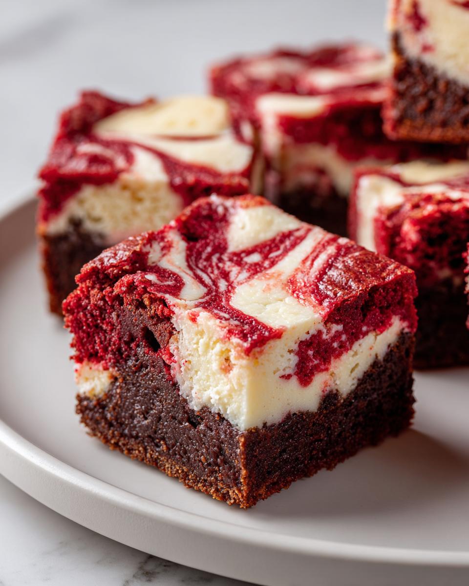 A close-up shot of a rich, fudgy red velvet cheesecake brownies square with a marbled red and cream cheese top.
