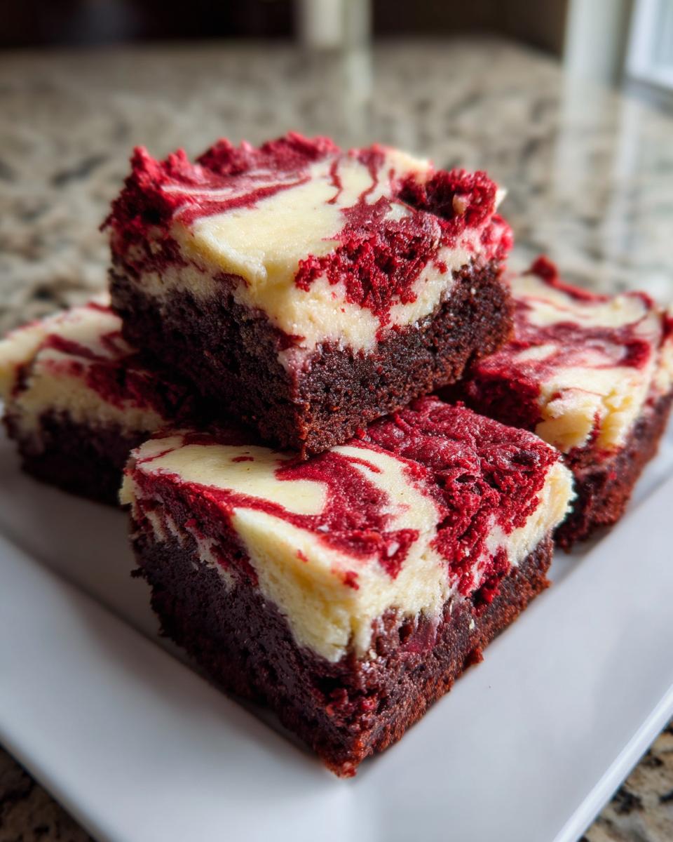 A stack of four rich red velvet cheesecake brownies featuring a distinct red and cream cheese swirl topping.