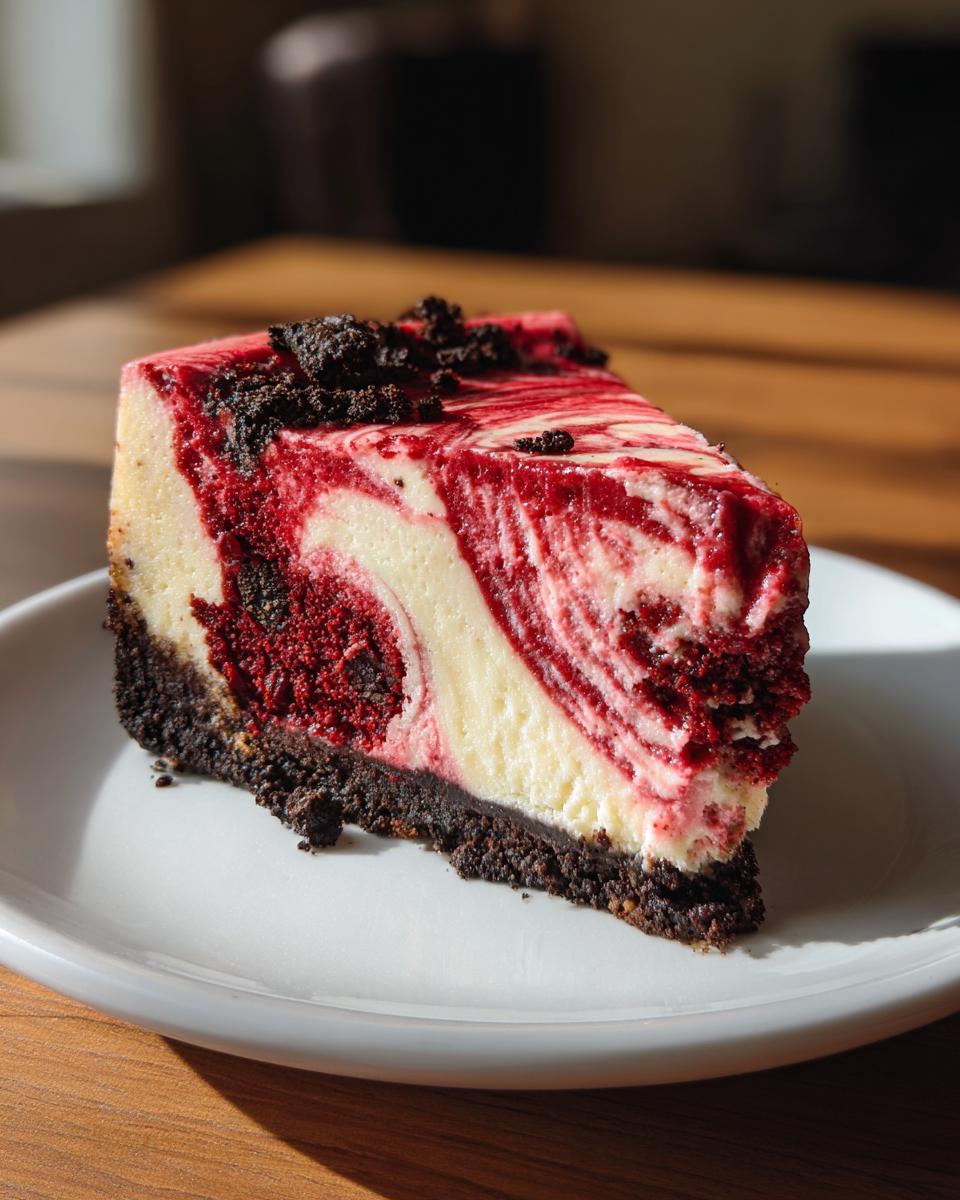 A decadent slice of red velvet cheesecake featuring a marbled red and white swirl, on a dark crust, topped with crumbs.