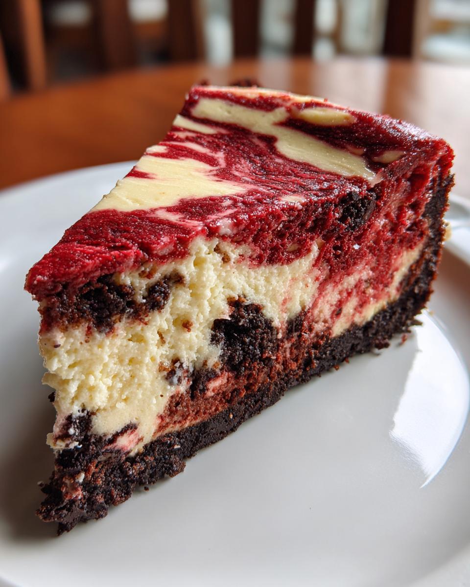 Close-up of a rich slice of red velvet cheesecake showing deep red and cream cheese swirls on a white plate.