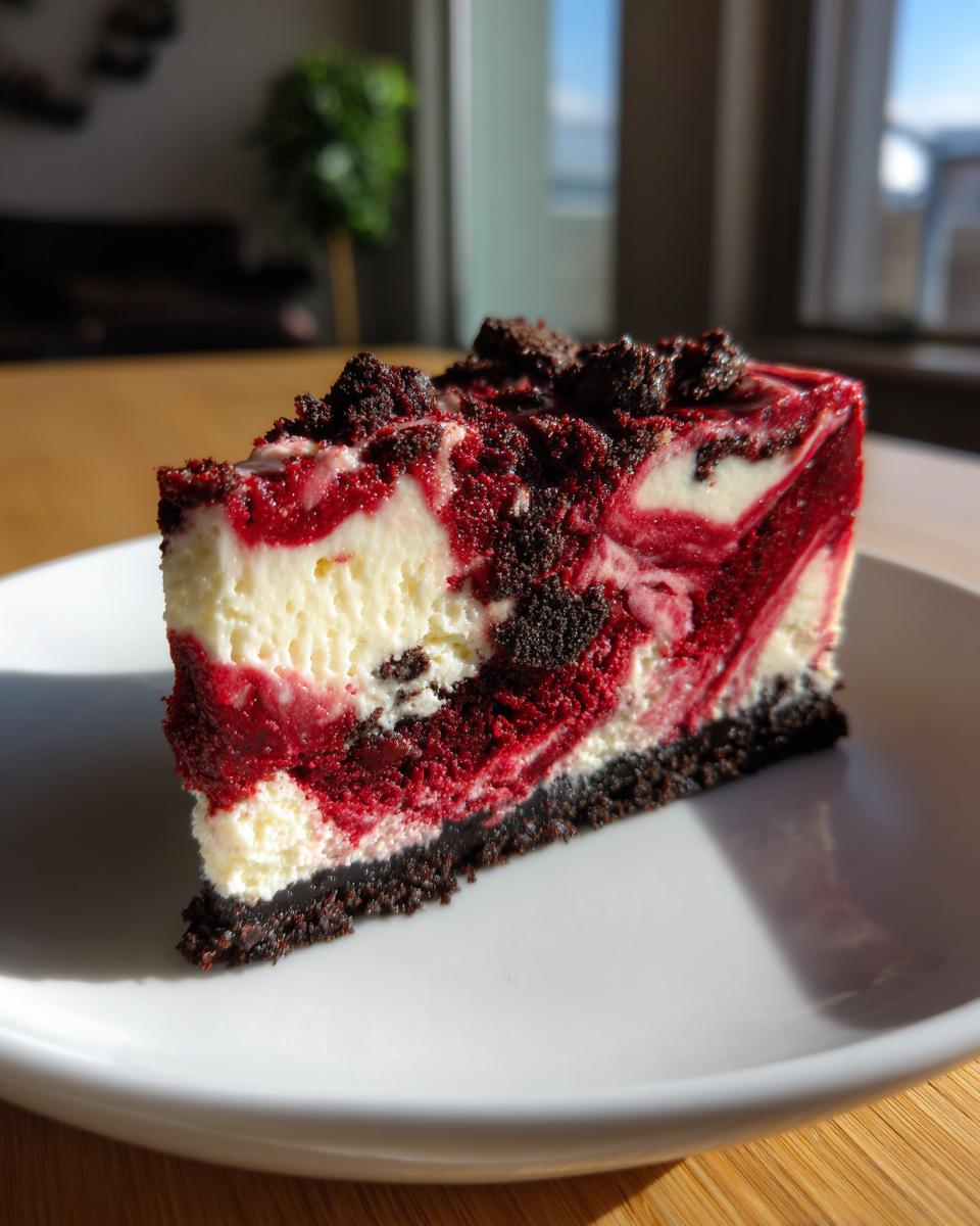 A perfect slice of red velvet cheesecake featuring deep red and white swirls, on a dark crust, topped with dark crumbles.