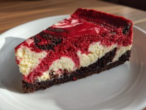 A close-up of a rich slice of red velvet cheesecake featuring a marbled red and white top layer over a dark chocolate crust.
