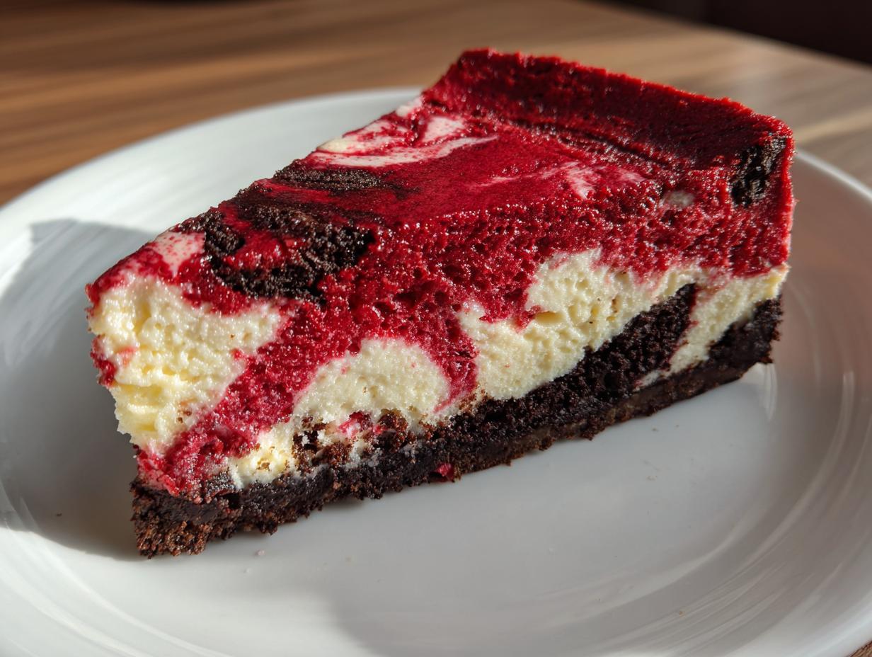 A close-up of a rich slice of red velvet cheesecake featuring a marbled red and white top layer over a dark chocolate crust.