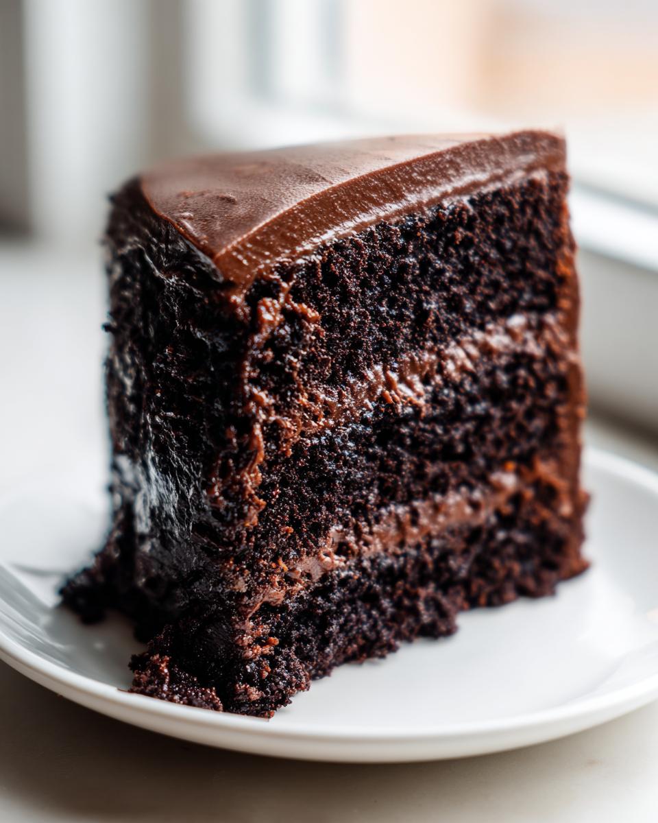 A close-up view of a moist slice of chocolate fudge cake with dark frosting, sitting on a white plate.