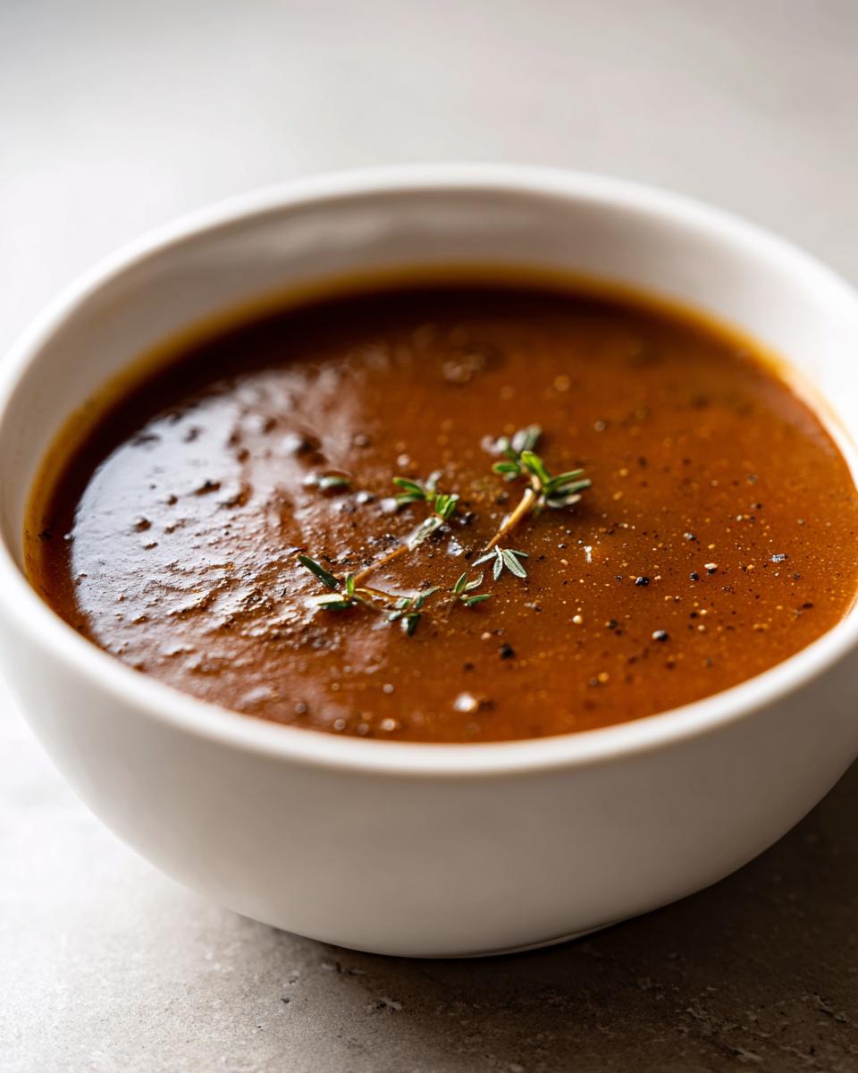 Close-up of rich, dark homemade brown gravy garnished with fresh thyme sprigs and cracked black pepper.