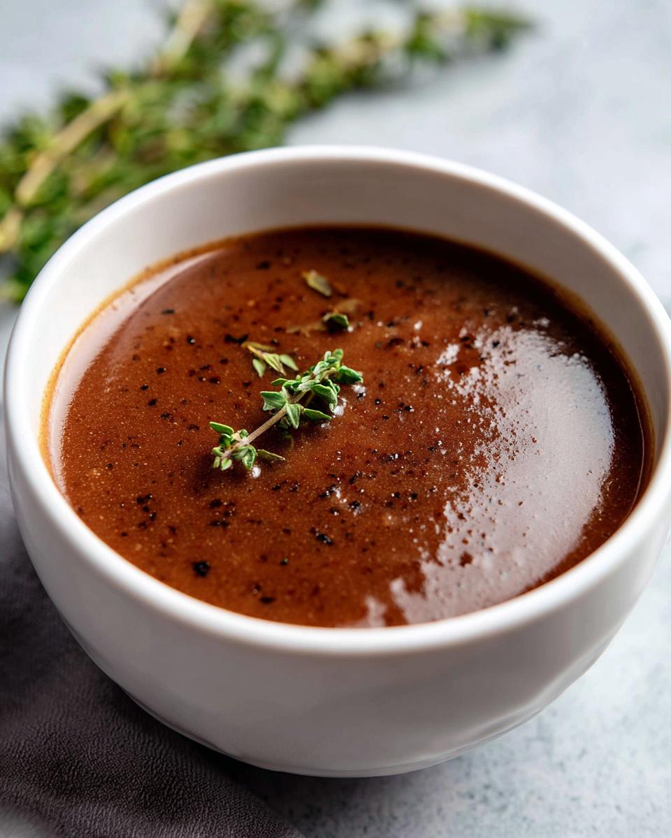 Close-up of rich, dark homemade brown gravy seasoned with pepper and garnished with fresh thyme.