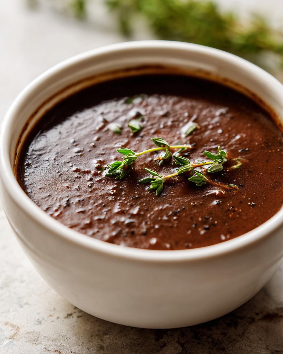 Close-up of thick, rich homemade brown gravy in a white bowl, garnished with fresh thyme sprigs.