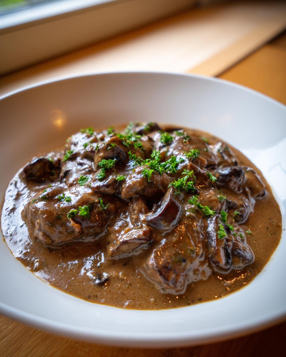 A close-up of rich, brown mushroom sauce served in a white bowl, garnished with fresh parsley.