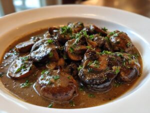 A close-up of rich, brown mushroom sauce covering whole and sliced mushrooms, garnished with fresh parsley.