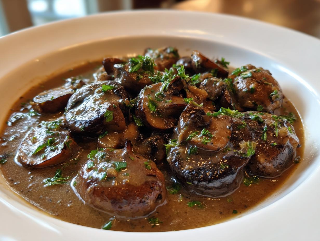 A close-up of rich, brown mushroom sauce covering whole and sliced mushrooms, garnished with fresh parsley.