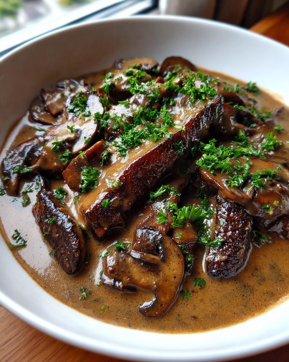 Close-up of a rich, brown mushroom sauce covering slices of meat and whole mushrooms, garnished with fresh parsley.