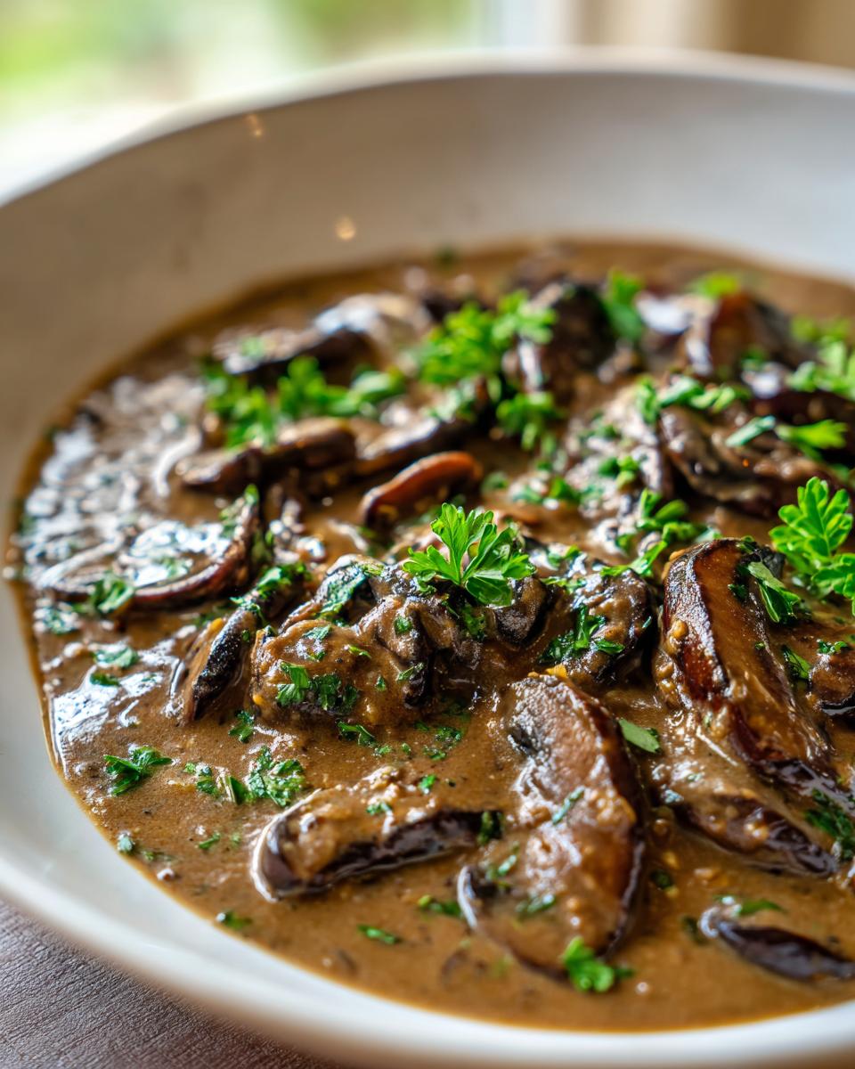 A close-up of rich, brown mushroom sauce filled with sliced mushrooms and garnished with fresh parsley.