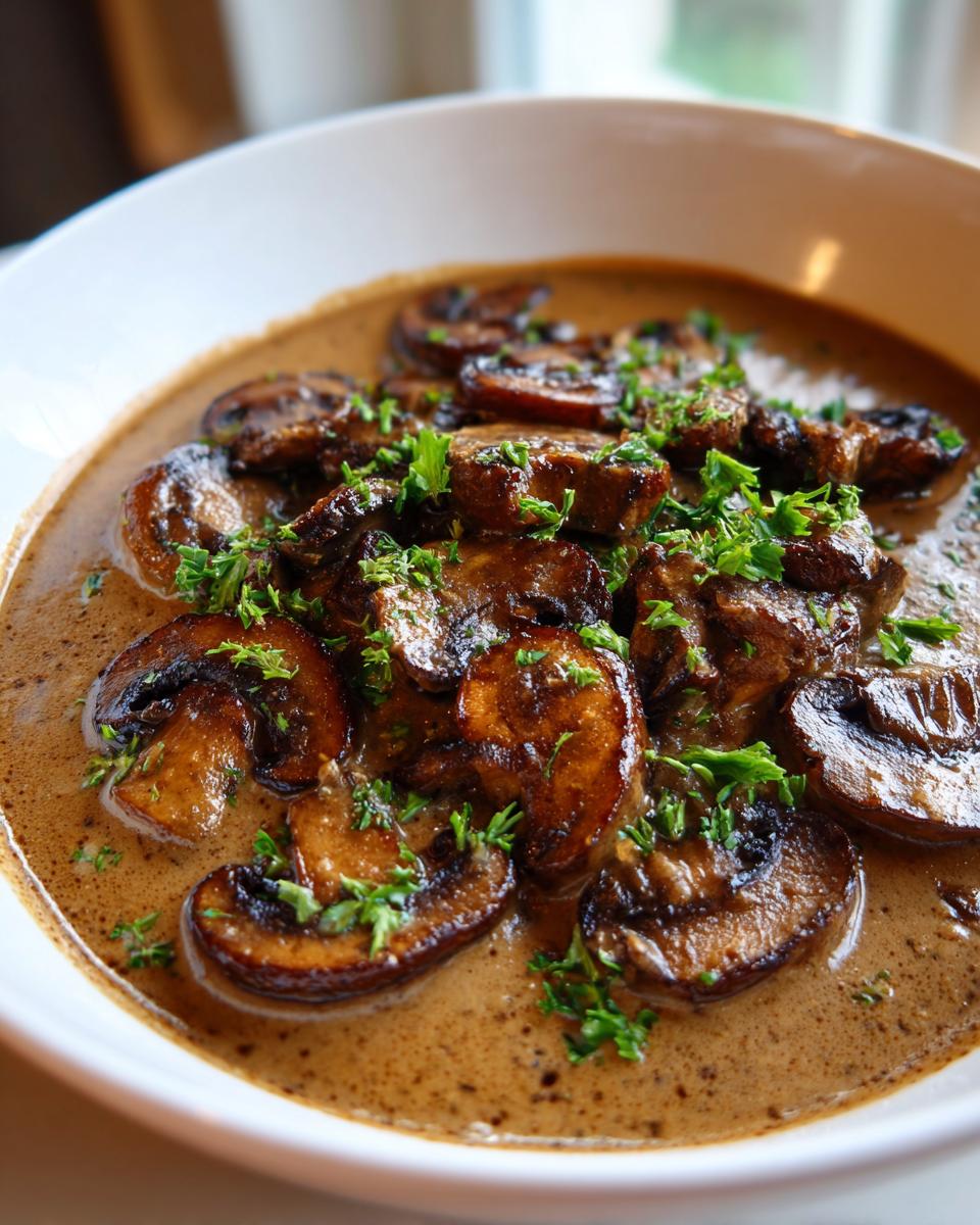 A close-up of rich, creamy mushroom sauce filled with browned mushroom slices and topped with fresh parsley.