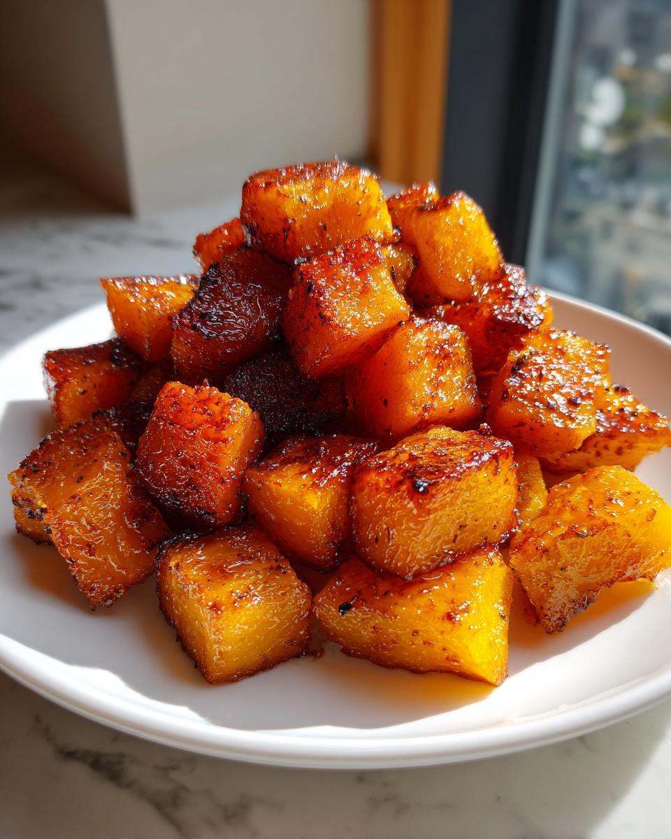 A mound of glistening, caramelized roasted butternut squash cubes piled high on a white plate.