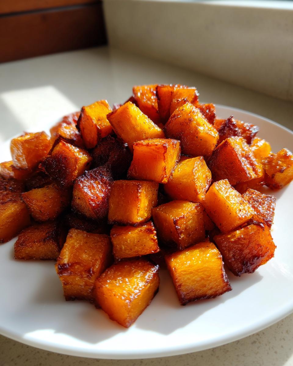 A pile of beautifully caramelized, cubed roasted butternut squash served on a white plate.