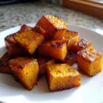 A pile of caramelized, golden-brown roasted butternut squash cubes seasoned with pepper.