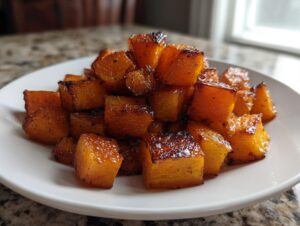 A mound of perfectly caramelized roasted butternut squash cubes piled high on a white plate.