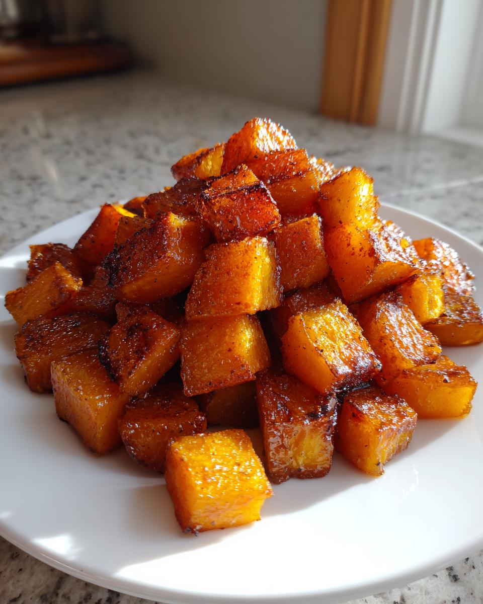 A mound of caramelized, golden-brown roasted butternut squash cubes piled high on a white plate.