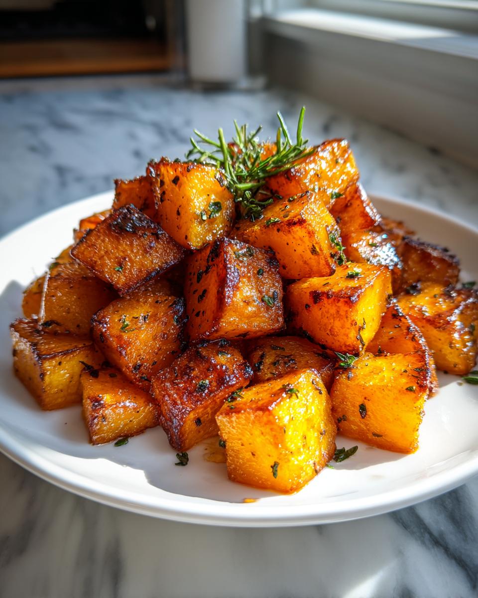 A close-up of glossy, caramelized roasted butternut squash cubes piled on a white plate, garnished with fresh rosemary.