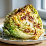Close-up of a roasted cabbage recipe wedge topped with golden brown crumbs and herbs.