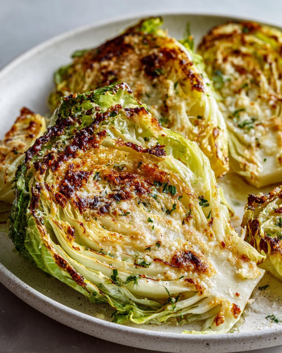 Close-up of roasted cabbage recipe wedges topped with melted cheese and herbs.