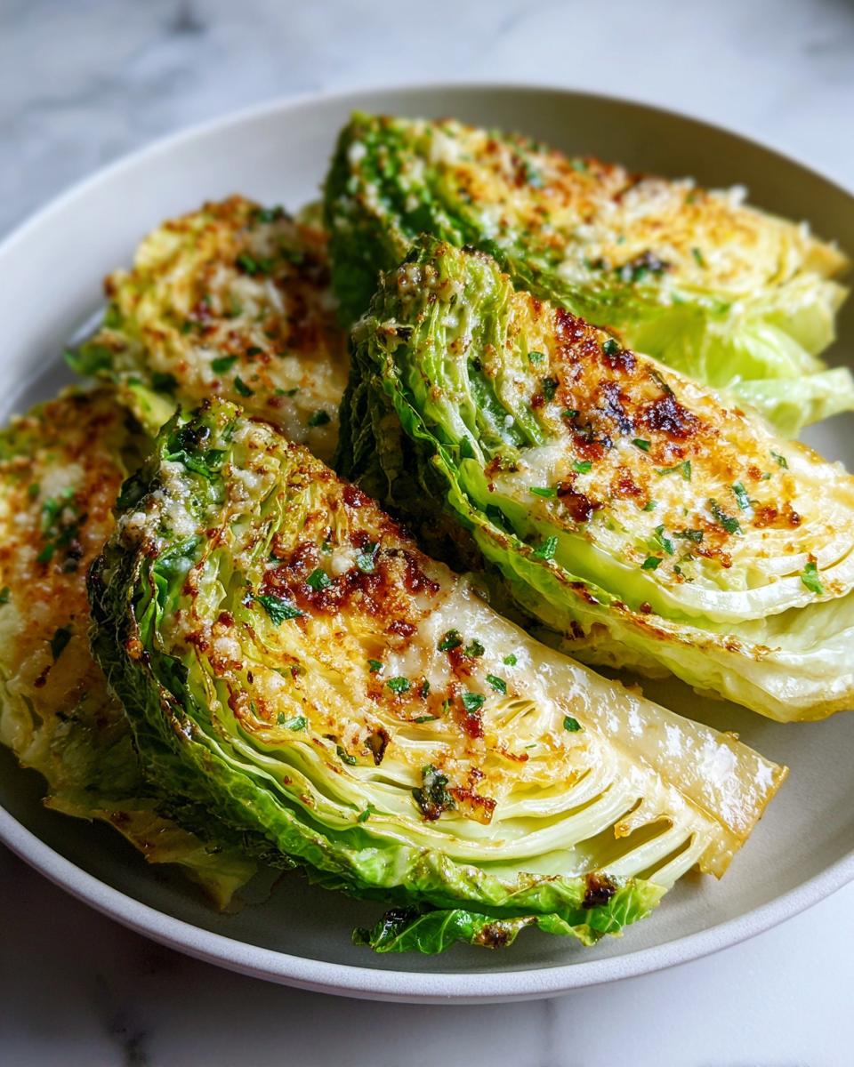 Four wedges of roasted cabbage recipe topped with melted cheese and parsley served on a plate.