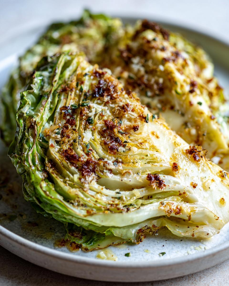 Close-up of roasted cabbage recipe wedges topped with browned breadcrumbs and herbs.