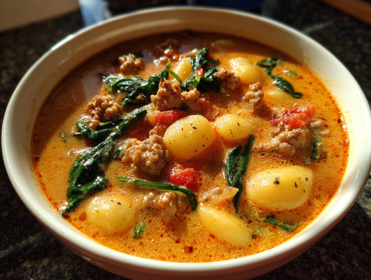 A close-up of a hearty bowl of creamy sausage gnocchi soup with spinach and tomatoes.