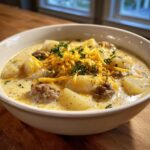 A close-up of a creamy bowl of sausage potato soup, loaded with chunks of potato, sausage, and topped with shredded cheddar and parsley.