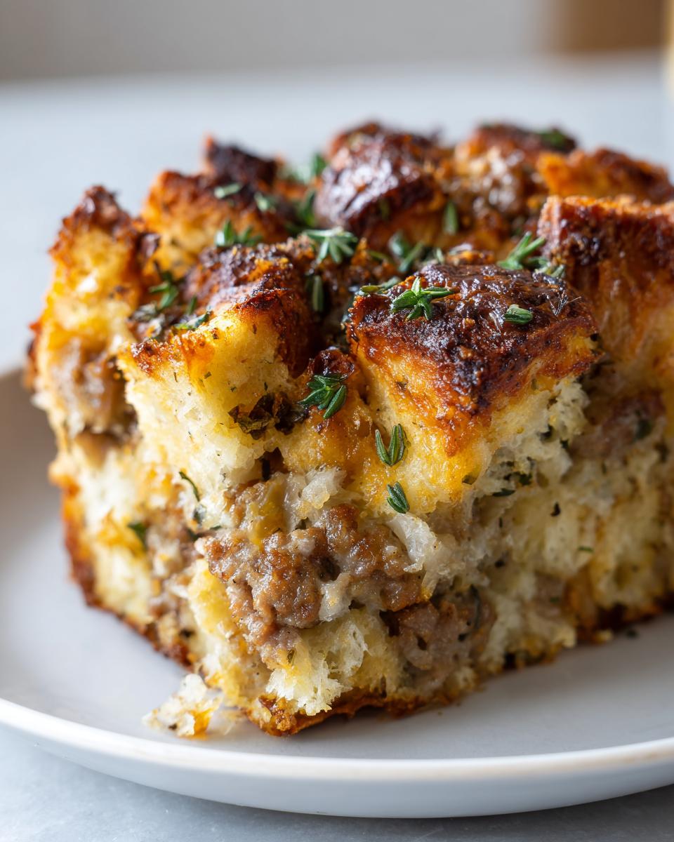 A close-up of a baked slice of sausage stuffing, featuring browned bread cubes and savory sausage filling, garnished with fresh thyme.