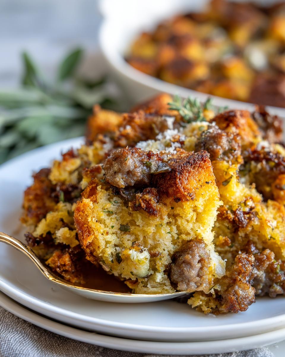 A golden spoonful of moist sausage stuffing, featuring chunks of browned sausage and herbs, ready to eat.
