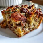 A close-up of a perfectly baked slice of sausage stuffing, featuring a crispy top and savory sausage pieces.