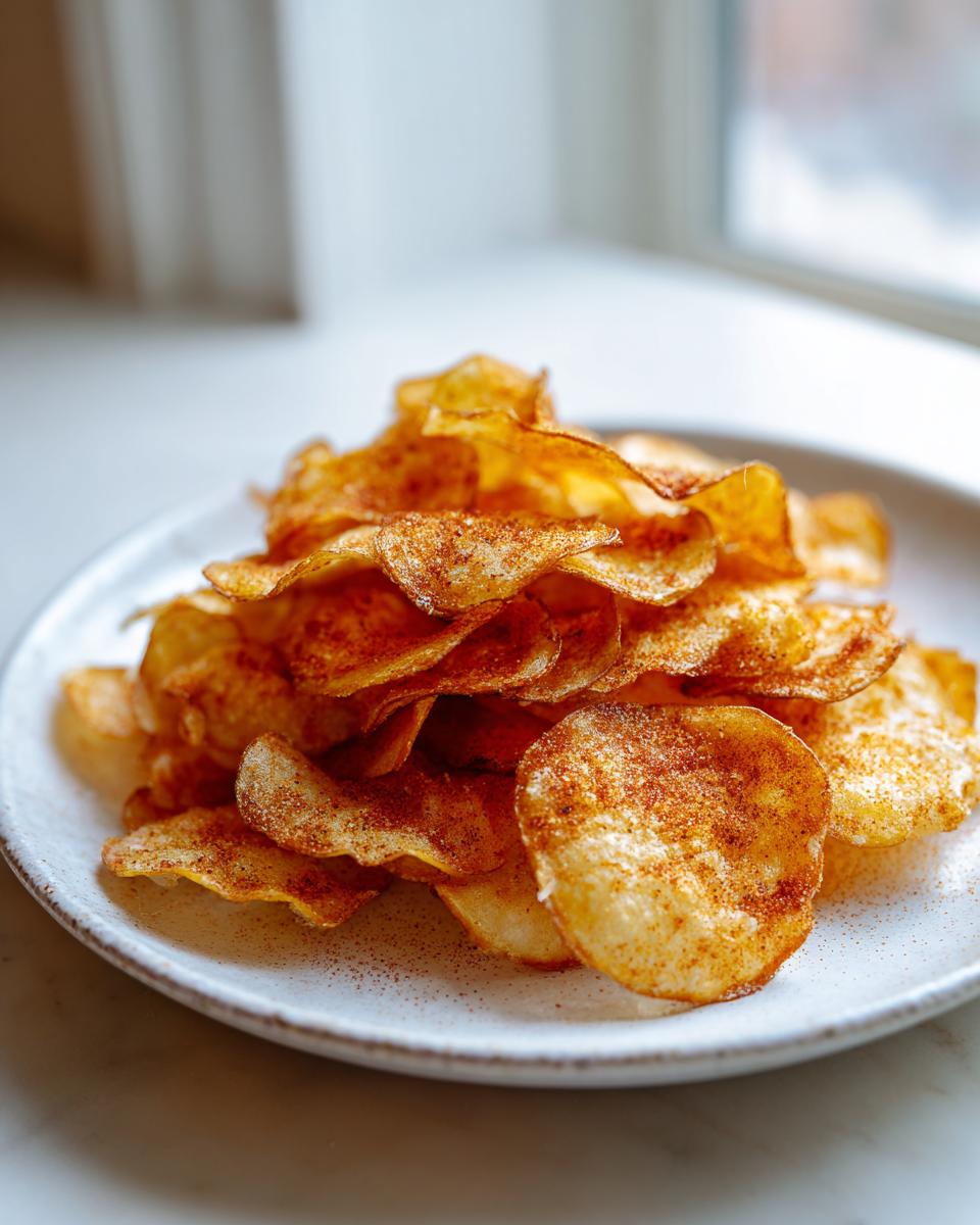 A close-up of a pile of crispy, seasoned potato chips dusted with paprika or chili powder on a light plate.