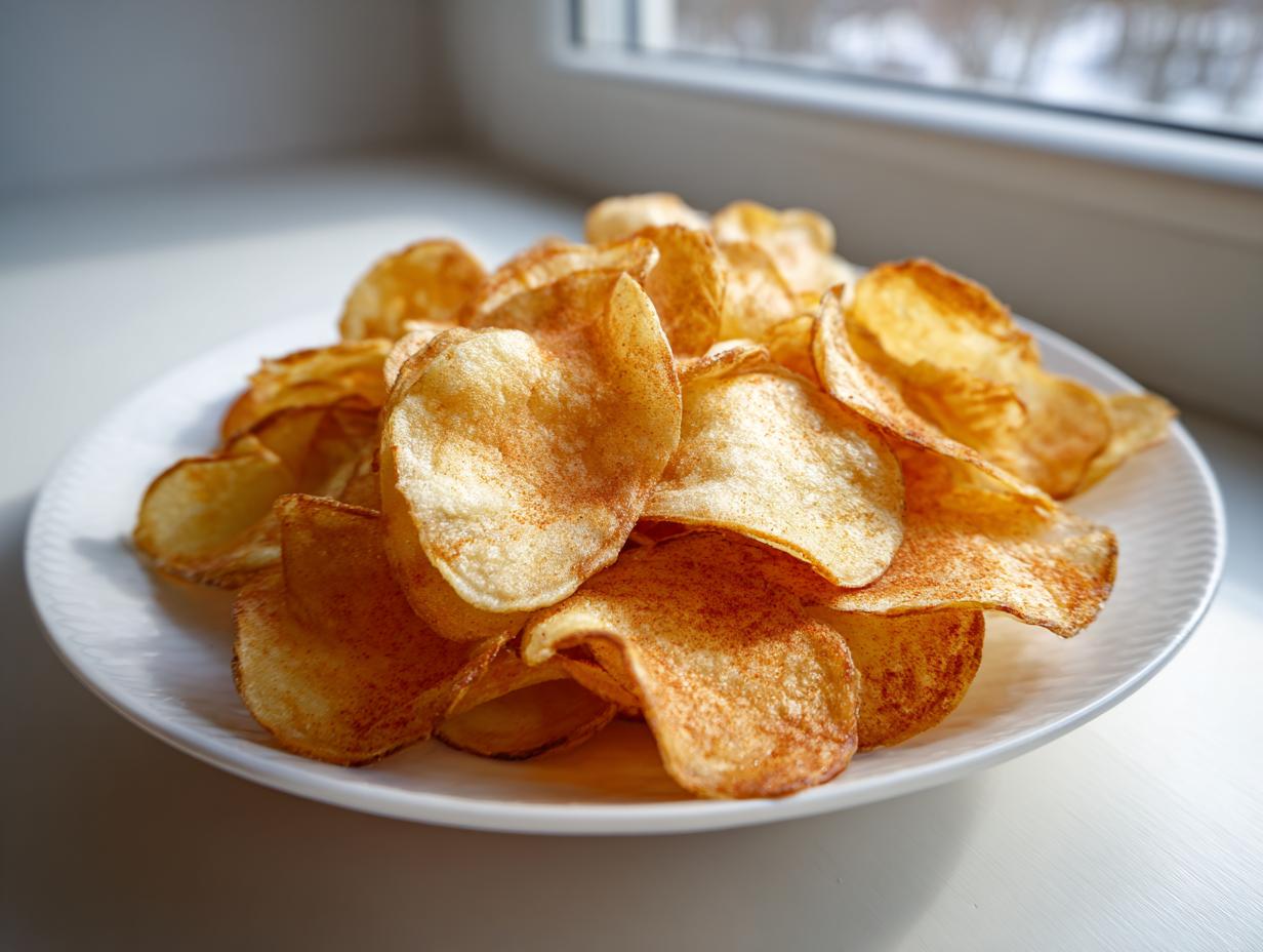 A close-up of homemade, seasoned potato chips piled high on a white plate next to a window.