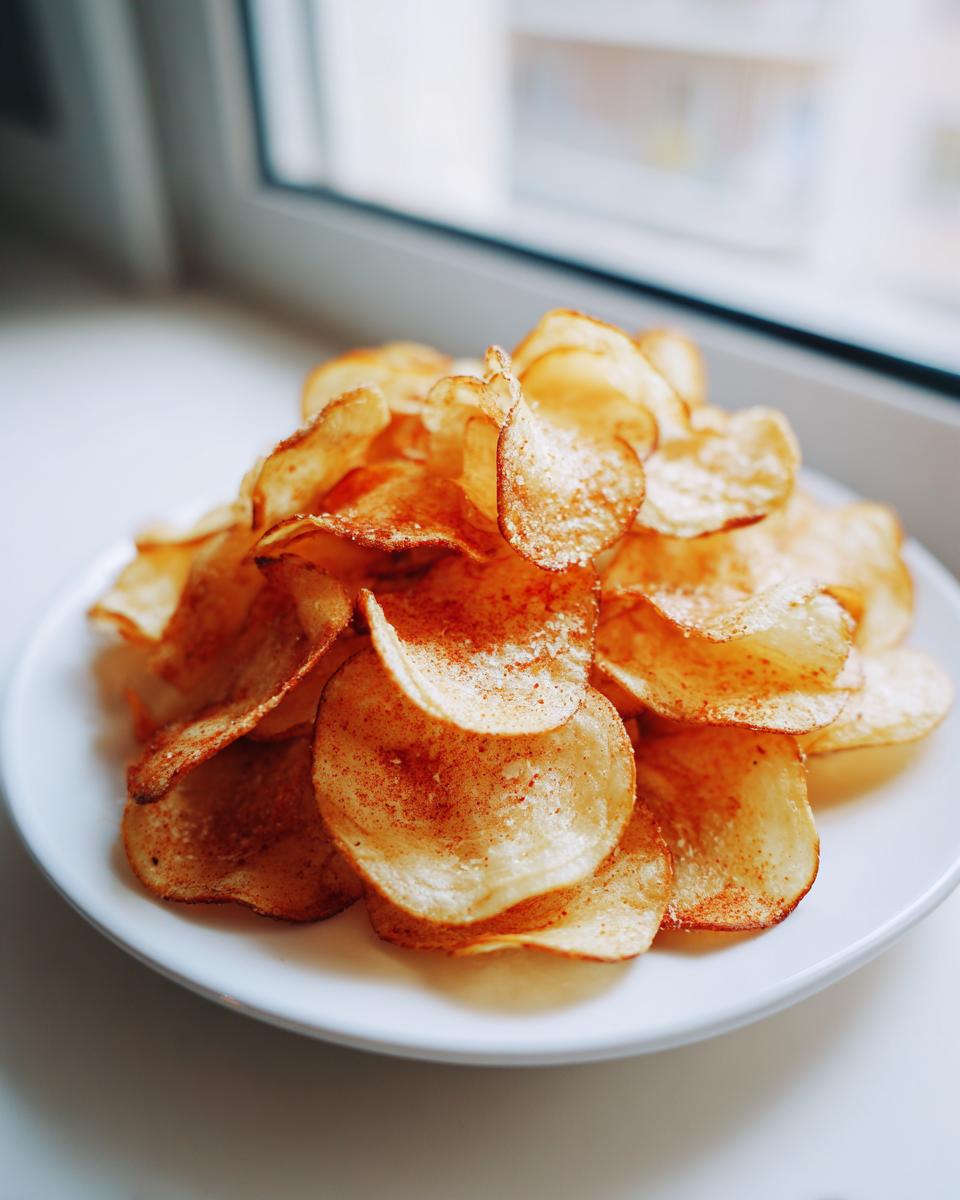 A close-up of a pile of crispy, seasoned potato chips sprinkled with red spice on a white plate near a window.