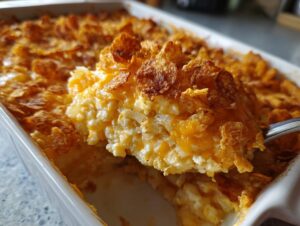 A spoonful of creamy potato casserole topped with golden, crunchy cornflakes being lifted from a white baking dish.