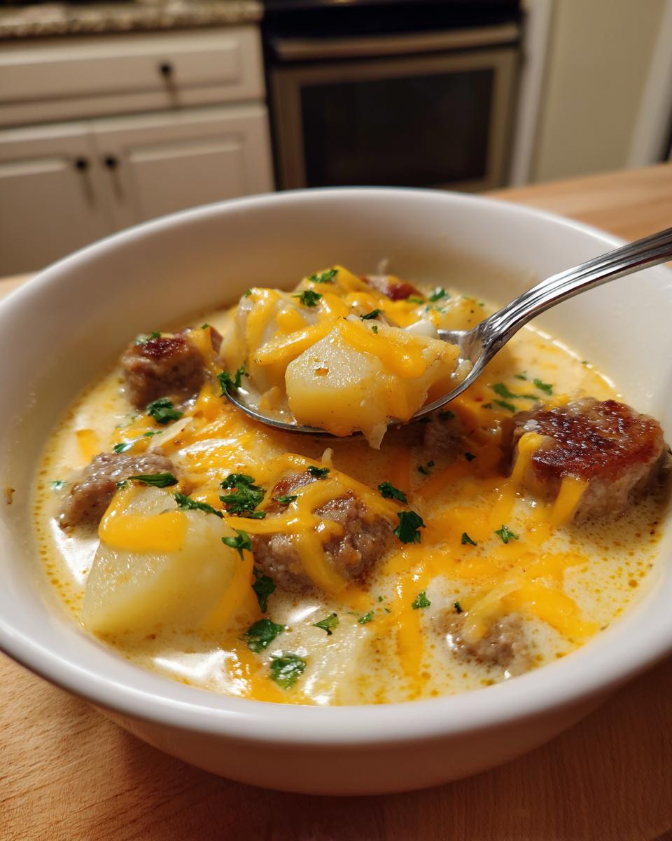A spoonful of creamy sausage potato soup with chunks of potato, sausage, and melted cheddar cheese being lifted from a white bowl.