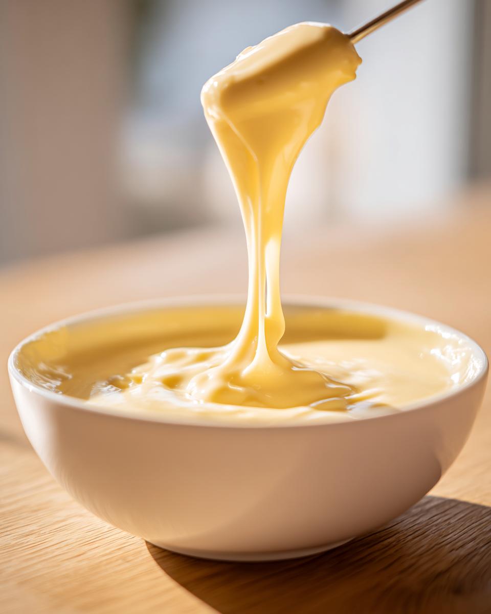 A close-up of thick, silky cheese fondue recipe being lifted from a white bowl on a wooden table.