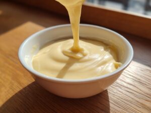 Close-up of silky smooth cheese fondue recipe being poured into a white bowl, showing its creamy texture.