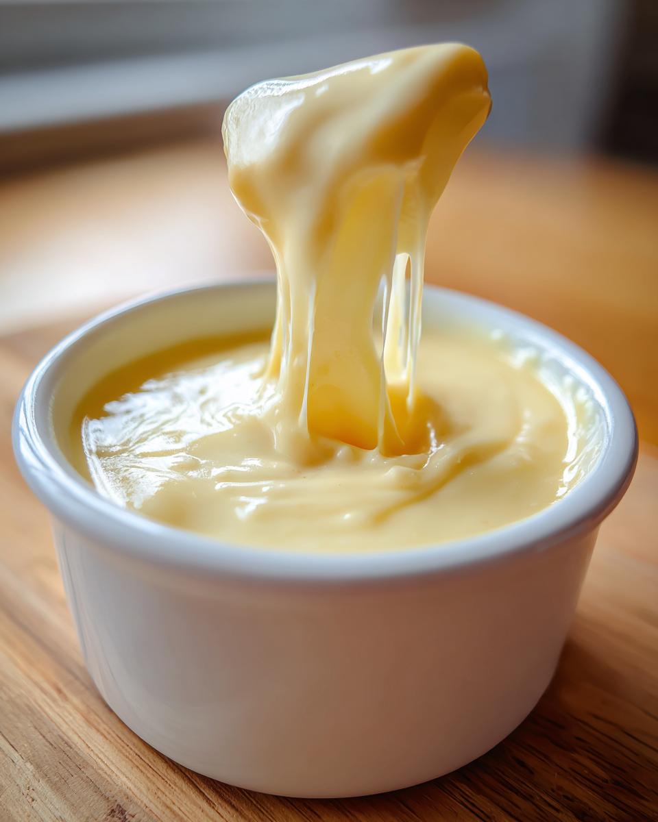 A piece of bread being dipped into a white bowl of silky, melted cheese fondue recipe, showing long, gooey cheese pulls.