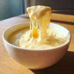 Close-up of a fork lifting incredibly stringy, melted cheese from a white bowl of cheese fondue recipe.
