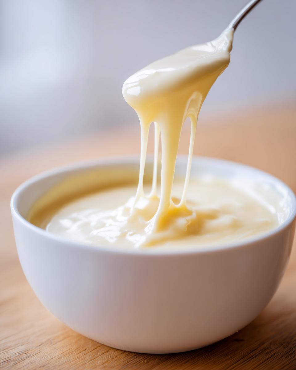 A spoonful of incredibly silky, melted cheese fondue recipe dripping back into a white bowl.