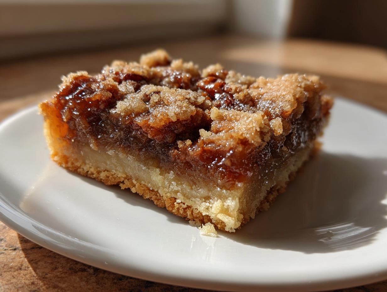 A single, thick slice of pecan pie bars showing the buttery shortbread crust and gooey, caramelized pecan filling.